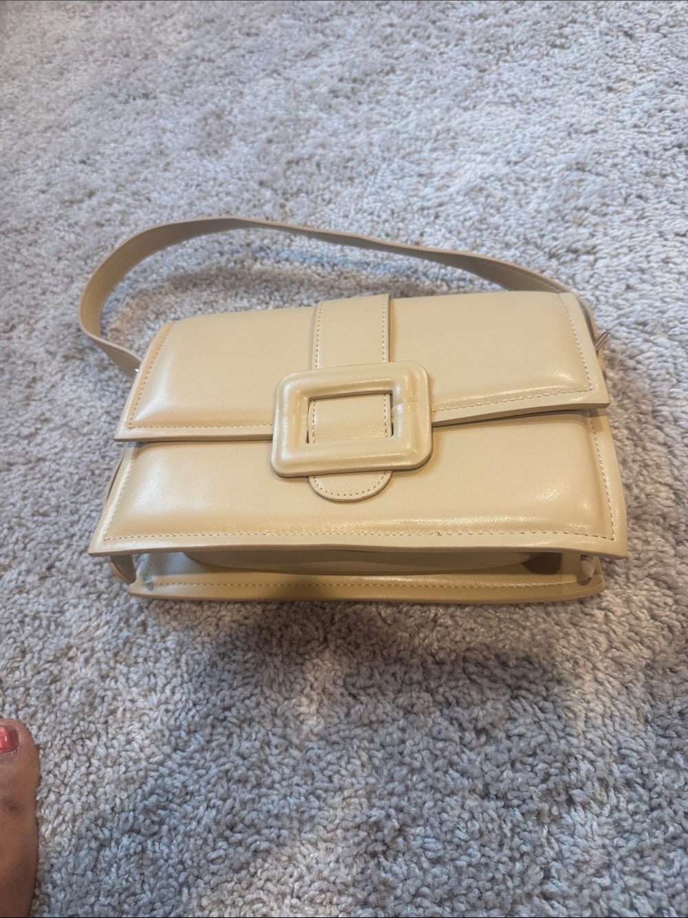 Cream Shoulder Bag with Square Buckle Accent
